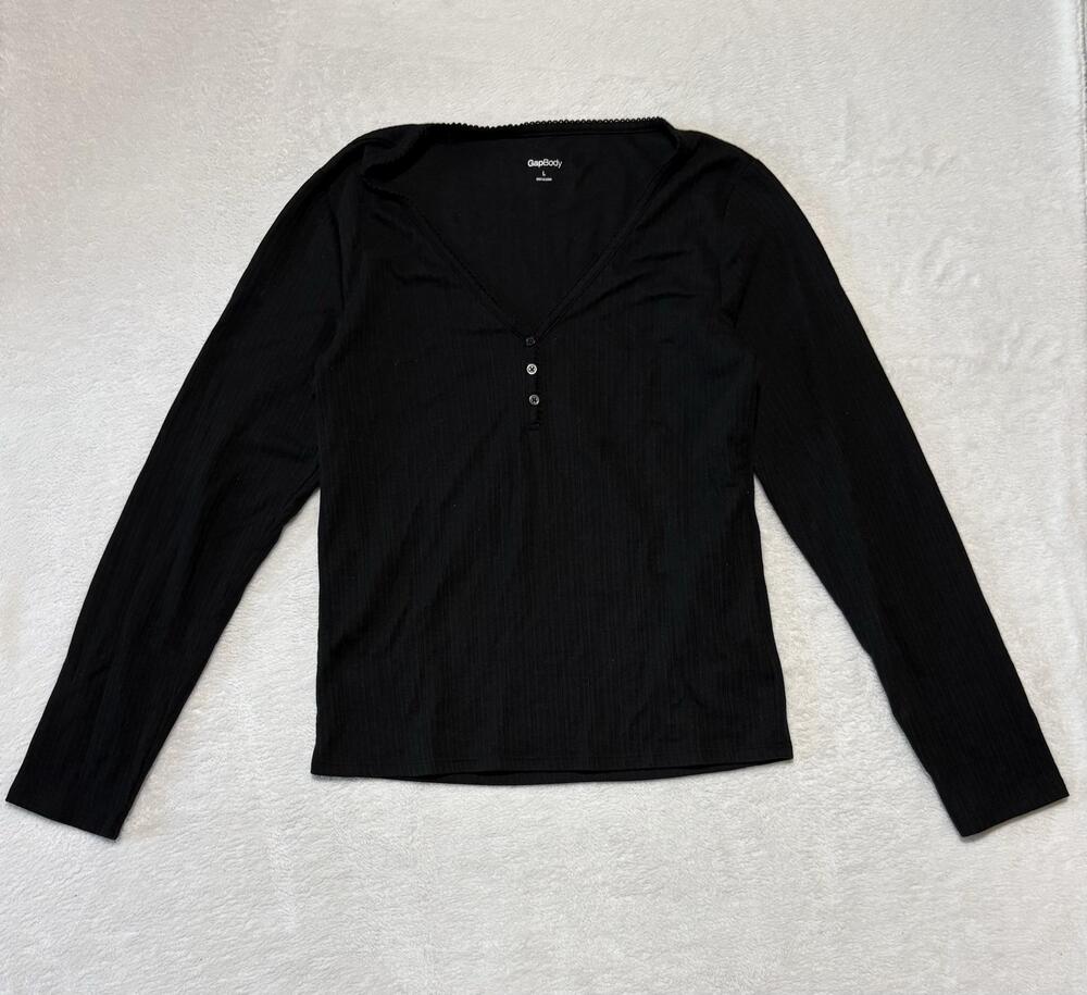 Gap Body T-Shirt Womens Large Black Henley Long Sleeve Pointelle Stretch